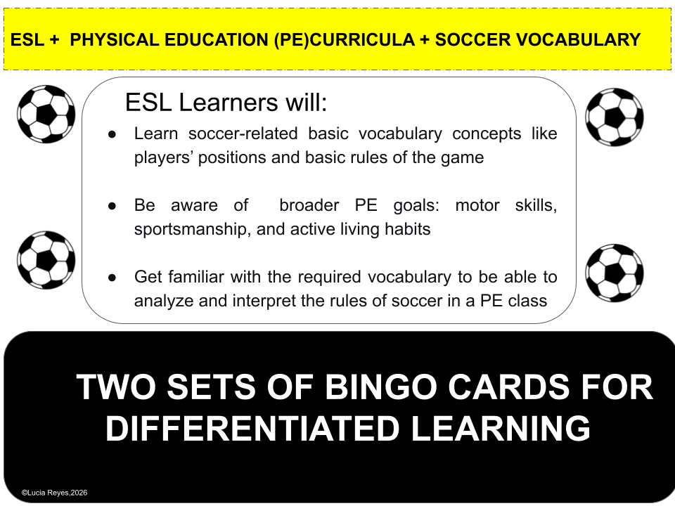 2026 WORLD SOCCER VOCABULARY+ ESL + PHYSICAL EDUCATION (PE) CURRICULA